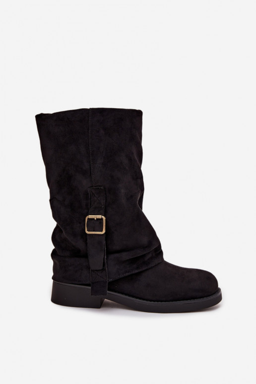 Schwarze Damen Stiefeletten mit Schnallen bis zur Wadenmitte Minelle