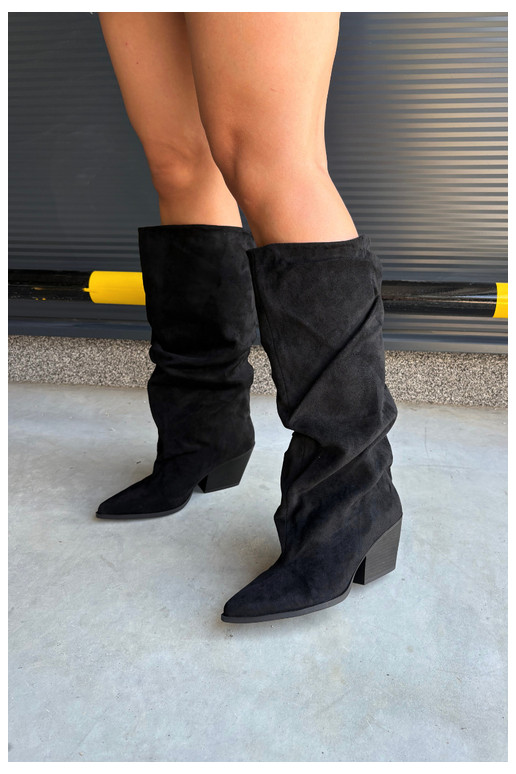 Damen Overknee-Stiefel mit gebogener Oberseite und Absätzen aus Wildleder in schwarzer Durela