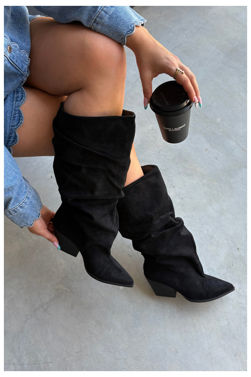 Damen Overknee-Stiefel mit gebogener Oberseite und Absätzen aus Wildleder in schwarzer Durela