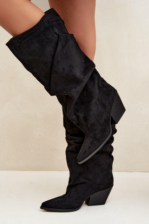 Damen Overknee-Stiefel mit gebogener Oberseite und Absätzen aus Wildleder in schwarzer Durela