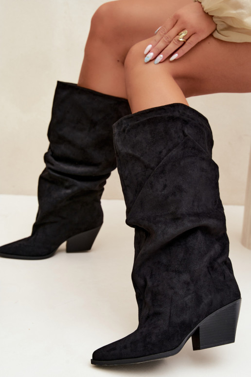 Damen Overknee-Stiefel mit gebogener Oberseite und Absätzen aus Wildleder in schwarzer Durela