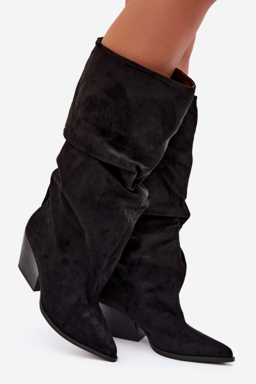 Damen Overknee-Stiefel mit gebogener Oberseite und Absätzen aus Wildleder in schwarzer Durela