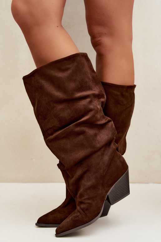 Damen kniehohe Stiefel mit gebogener Oberseite und Absätzen aus Wildleder, braun Durela