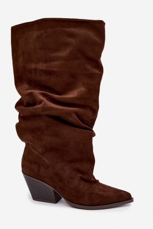 Damen kniehohe Stiefel mit gebogener Oberseite und Absätzen aus Wildleder, braun Durela