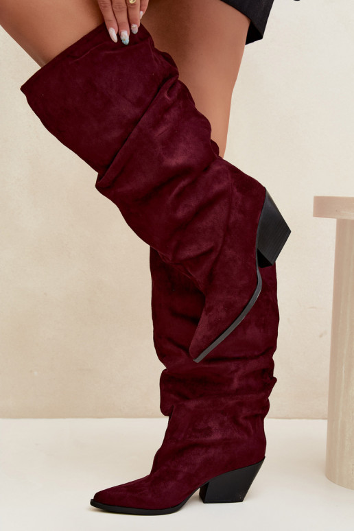 Damen Overknee-Stiefel mit gebogener Oberseite und Absätzen aus Wildleder in burgunderfarbener Durela