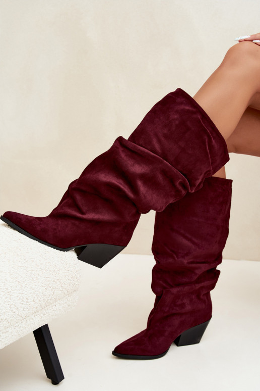 Damen Overknee-Stiefel mit gebogener Oberseite und Absätzen aus Wildleder in burgunderfarbener Durela