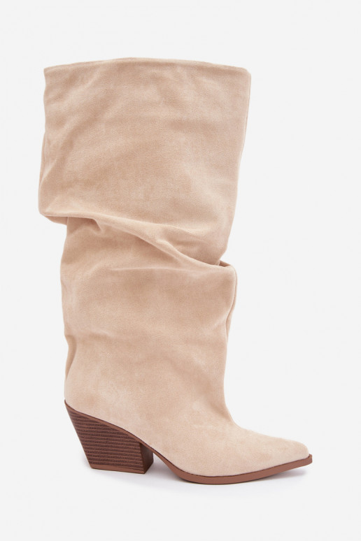 Damen Overknee-Stiefel mit gebogener Oberseite und Absätzen aus Wildleder in sandfarbener Durela