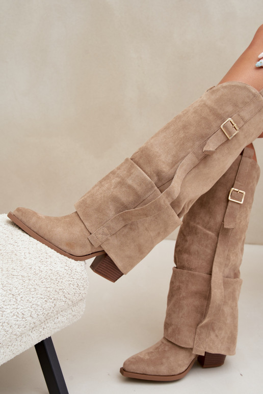Damen Overknee-Stiefel mit Absätzen, Rüschen und Schnallen in sandfarbener Caster