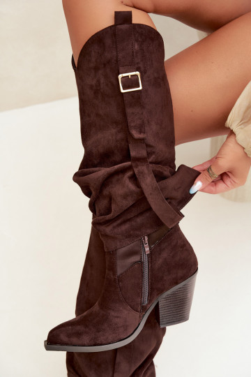 Damen Overknee-Stiefel mit Absätzen, Rüschen und Schnallen in schokoladenfarbener Caster