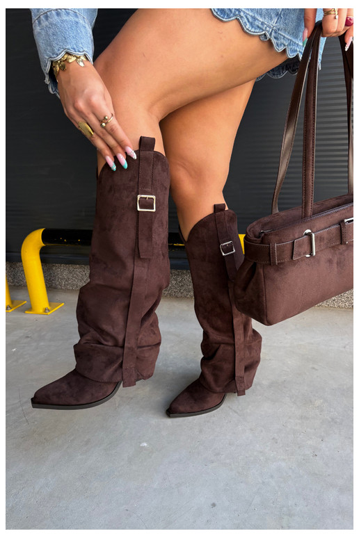 Damen Overknee-Stiefel mit Absätzen, Rüschen und Schnallen in schokoladenfarbener Caster
