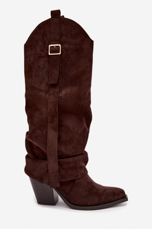 Damen Overknee-Stiefel mit Absätzen, Rüschen und Schnallen in schokoladenfarbener Caster