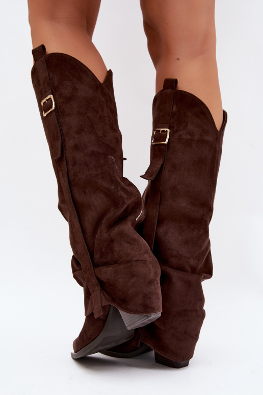 Damen Overknee-Stiefel mit Absätzen, Rüschen und Schnallen in schokoladenfarbener Caster
