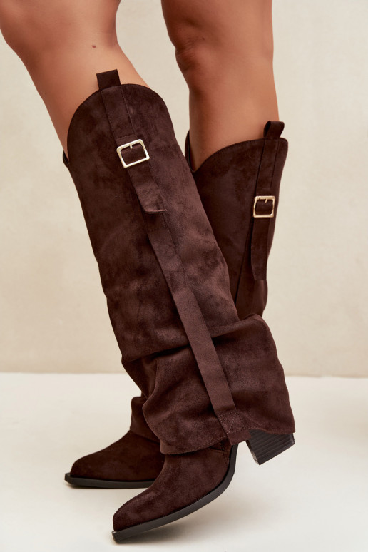 Damen Overknee-Stiefel mit Absätzen, Rüschen und Schnallen in schokoladenfarbener Caster