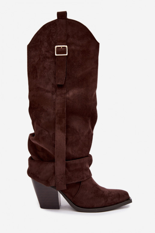 Damen Overknee-Stiefel mit Absätzen, Rüschen und Schnallen in schokoladenfarbener Caster