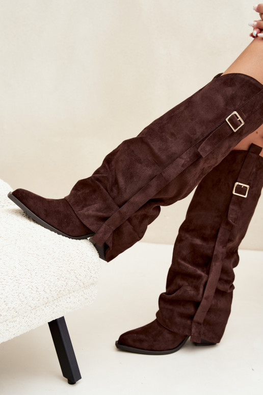 Damen Overknee-Stiefel mit Absätzen, Rüschen und Schnallen in schokoladenfarbener Caster