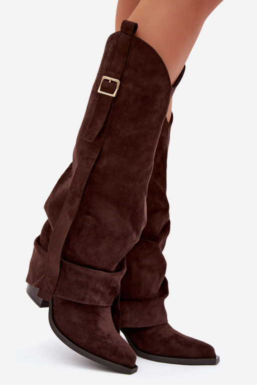 Damen Overknee-Stiefel mit Absätzen, Rüschen und Schnallen in schokoladenfarbener Caster