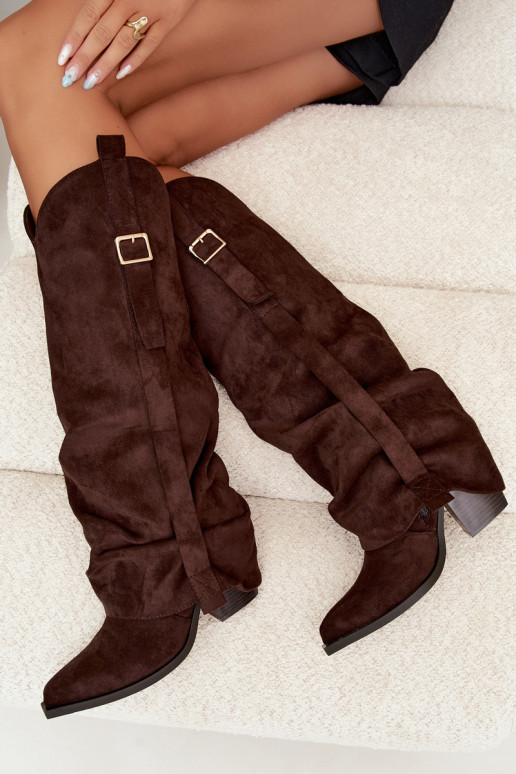 Damen Overknee-Stiefel mit Absätzen, Rüschen und Schnallen in schokoladenfarbener Caster