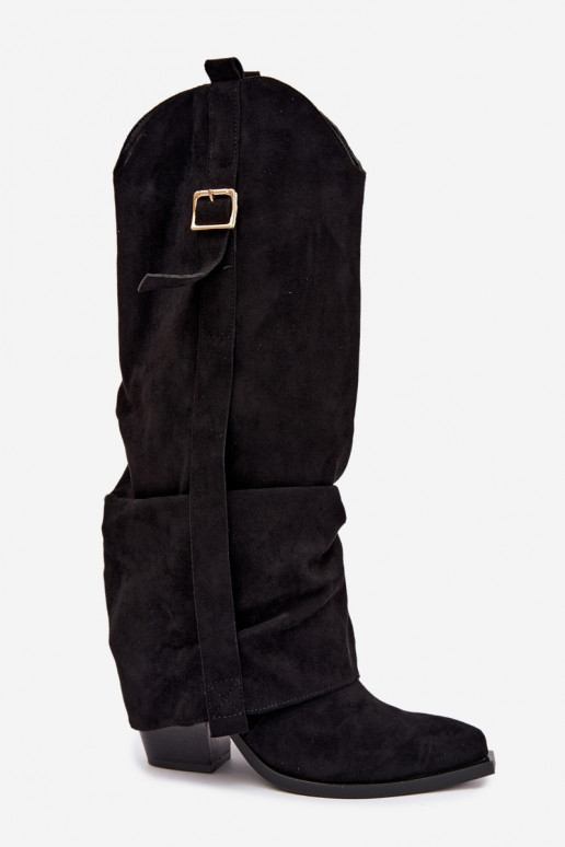 Schwarze Damenstiefel bis zum Knie mit Absätzen und Schnallen Caster