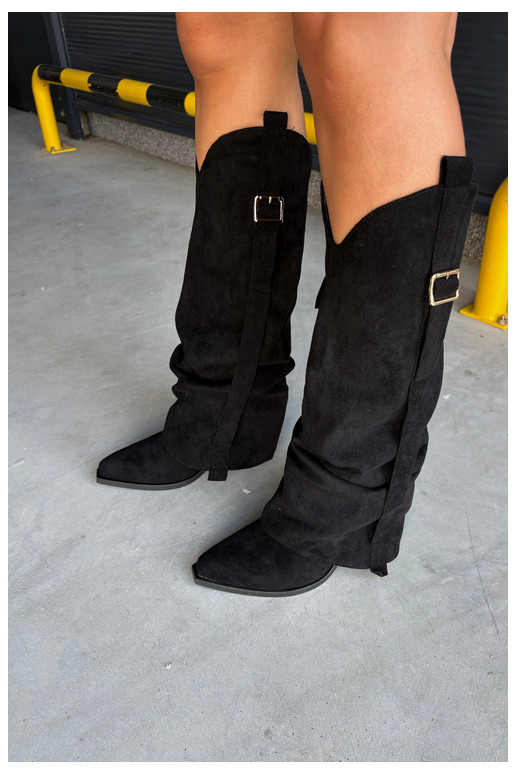 Schwarze Damenstiefel bis zum Knie mit Absätzen und Schnallen Caster