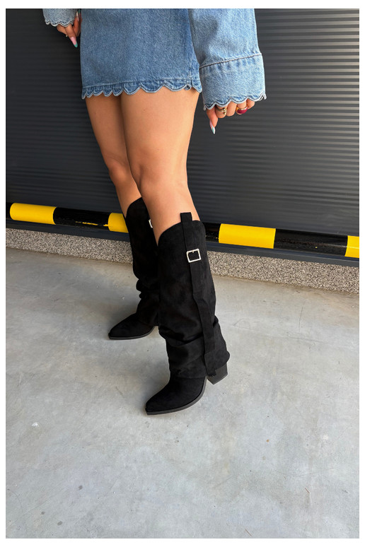 Schwarze Damenstiefel bis zum Knie mit Absätzen und Schnallen Caster