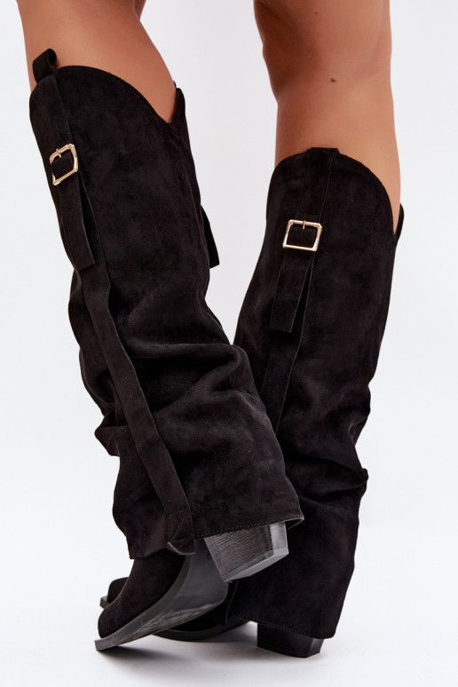 Schwarze Damenstiefel bis zum Knie mit Absätzen und Schnallen Caster