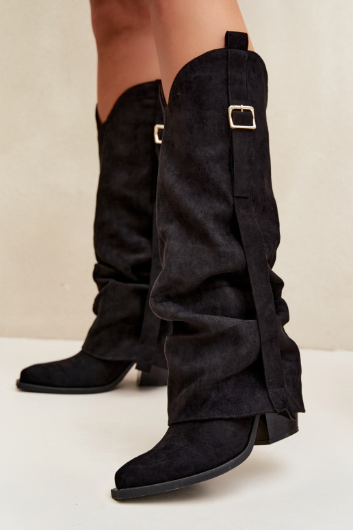 Schwarze Damenstiefel bis zum Knie mit Absätzen und Schnallen Caster