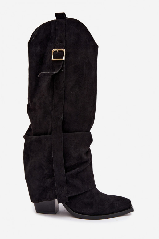 Schwarze Damenstiefel bis zum Knie mit Absätzen und Schnallen Caster