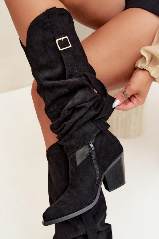 Schwarze Damenstiefel bis zum Knie mit Absätzen und Schnallen Caster