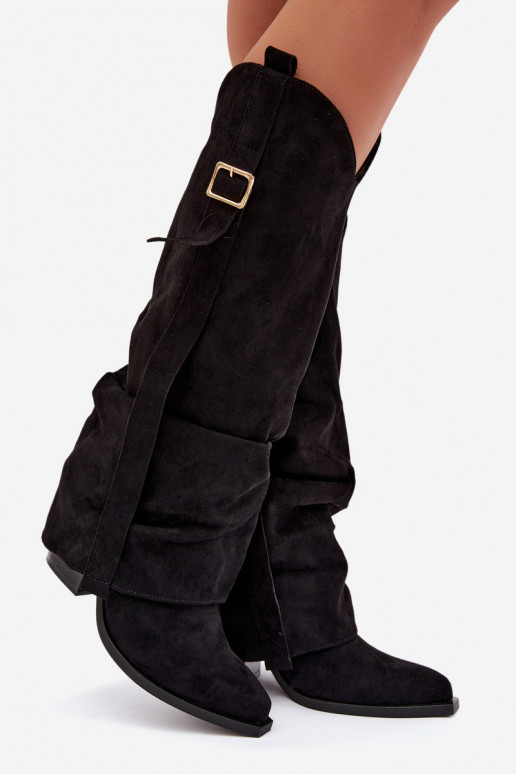 Schwarze Damenstiefel bis zum Knie mit Absätzen und Schnallen Caster