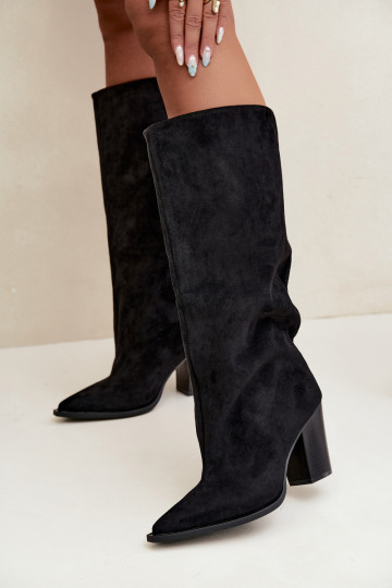 Damen kniehohe Stiefel zum Hineinschlüpfen aus Kunstveloursleder in schwarzer Farbe Carmina 2