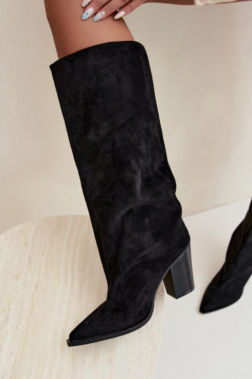 Damen kniehohe Stiefel zum Hineinschlüpfen aus Kunstveloursleder in schwarzer Farbe Carmina