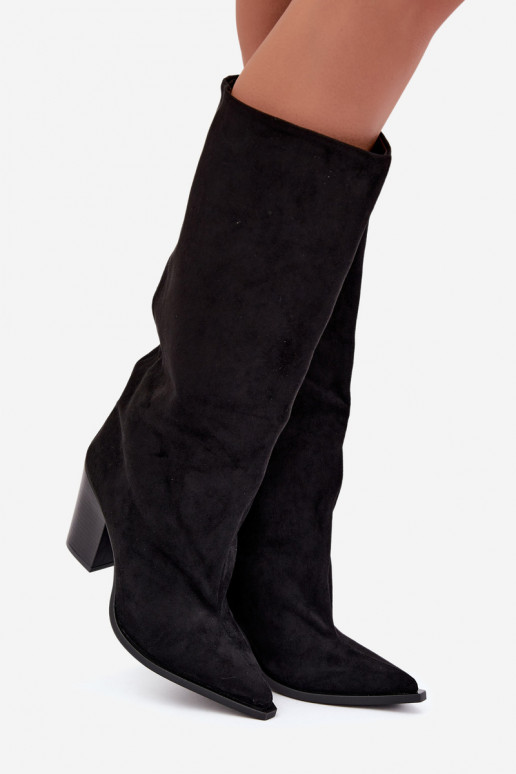 Damen kniehohe Stiefel zum Hineinschlüpfen aus Kunstveloursleder in schwarzer Farbe Carmina