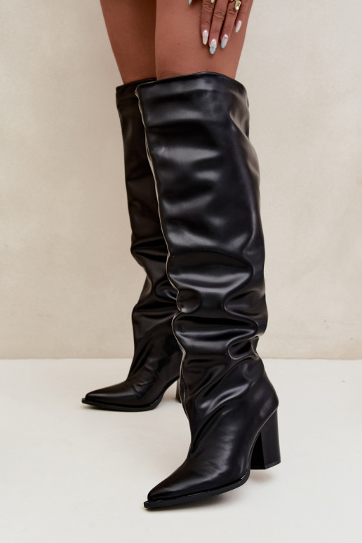 Damen lange Stiefel mit Absatz im Slipper-Stil aus schwarzem Kunstleder Anica