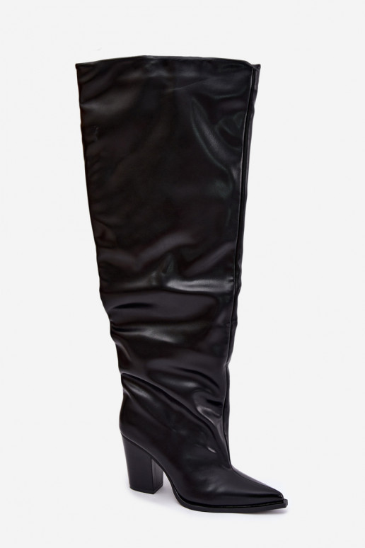 Damen lange Stiefel mit Absatz im Slipper-Stil aus schwarzem Kunstleder Anica