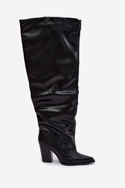 Damen lange Stiefel mit Absatz im Slipper-Stil aus schwarzem Kunstleder Anica