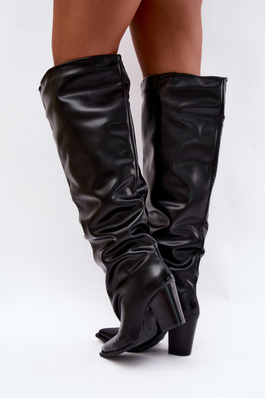 Damen lange Stiefel mit Absatz im Slipper-Stil aus schwarzem Kunstleder Anica