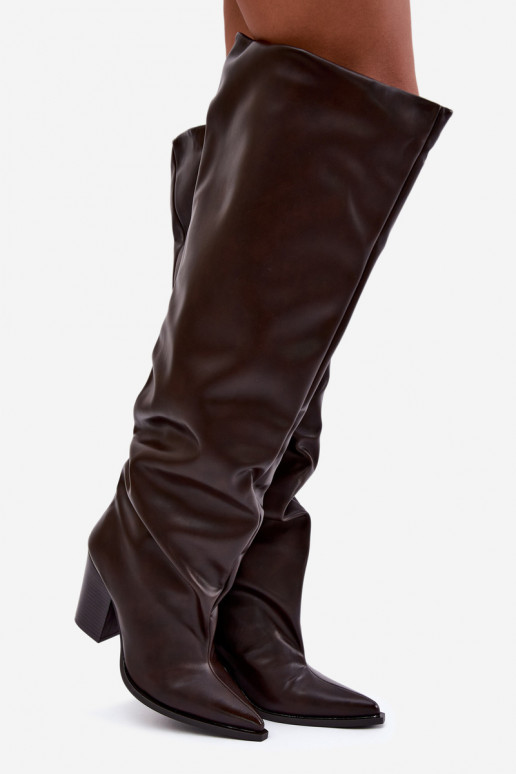 Damen lange Stiefel mit Absatz im Slipper-Stil aus schokoladenfarbenem Kunstleder Anica