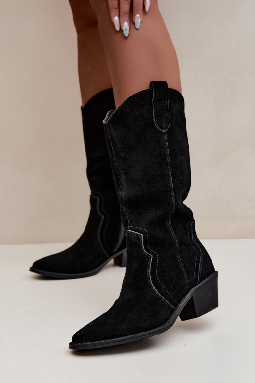Kniehohe Cowboy-Stiefel aus natürlichem Wildleder mit Isolierung und Absatz in schwarzer Farbe Radley