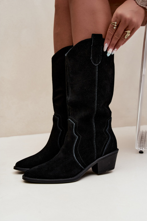 Kniehohe Cowboy-Stiefel aus natürlichem Wildleder mit Isolierung und Absatz in schwarzer Farbe Radley