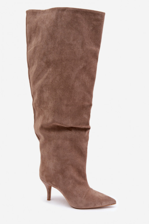 Slip-On Damenkniehohe Stiefel mit dünnen Absätzen in khakifarbener Corly