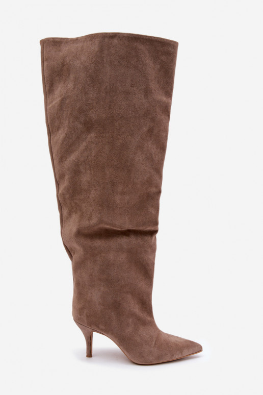 Slip-On Damenkniehohe Stiefel mit dünnen Absätzen in khakifarbener Corly