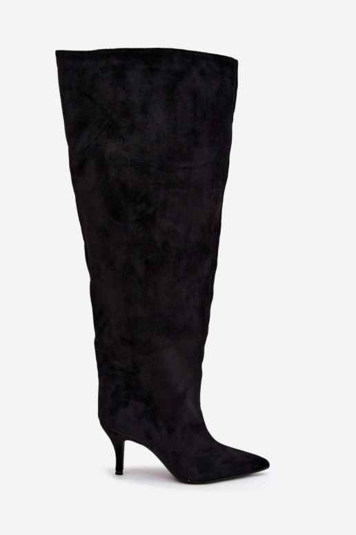 Slip-On Damenkniehohe Stiefel mit dünnen Absätzen in schwarzer Corly