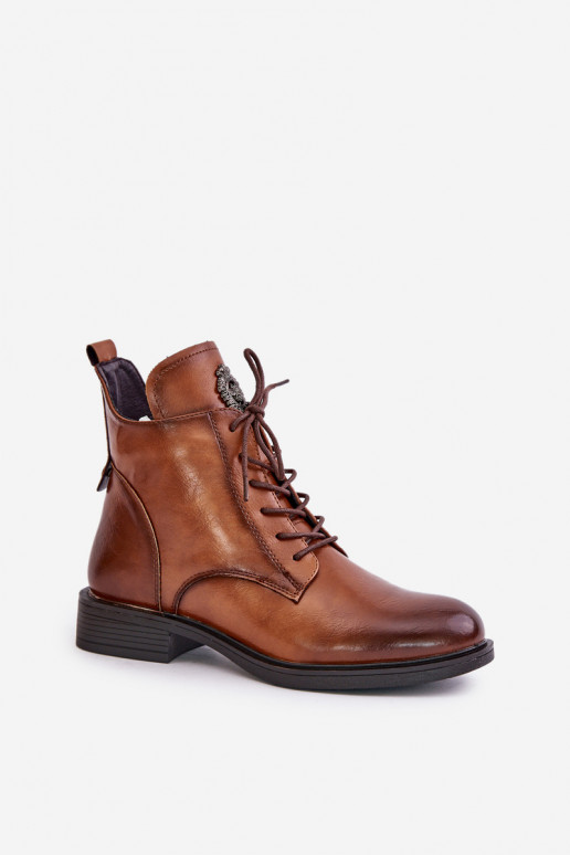 Braune gefütterte Stiefeletten mit breiten verzierten Absätzen Leonise