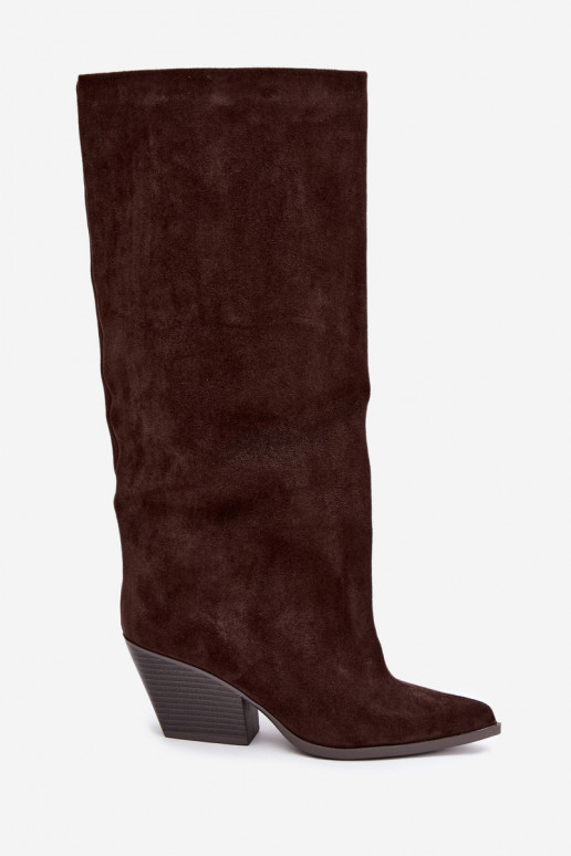 Schokoladenfarbene Slipper-Stiefel mit Absatz und spitzem Zehenbereich Blenia