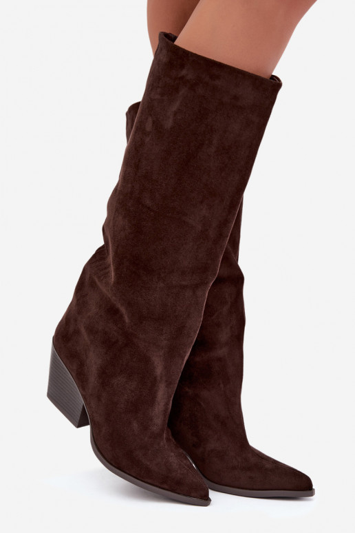 Schokoladenfarbene Slipper-Stiefel mit Absatz und spitzem Zehenbereich Blenia
