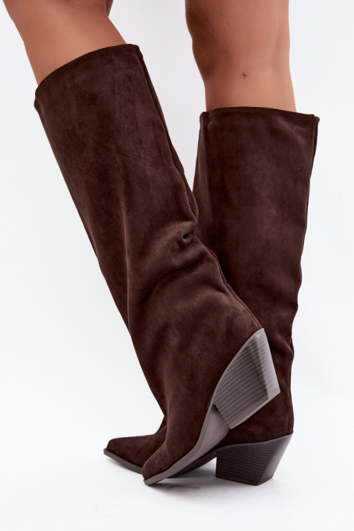Schokoladenfarbene Slipper-Stiefel mit Absatz und spitzem Zehenbereich Blenia