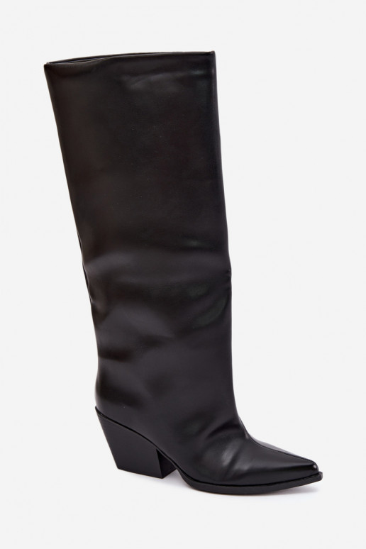 Schwarze Slipper-Stiefel mit Absatz und spitzem Zehenbereich aus Kunstleder Blenia