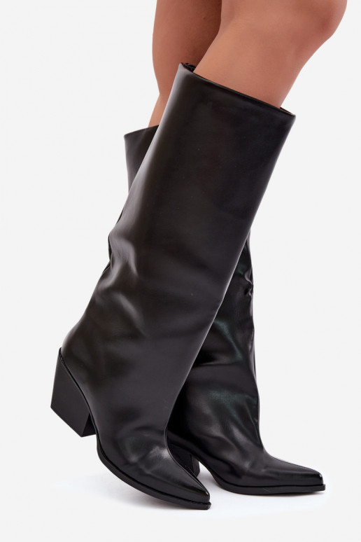 Schwarze Slipper-Stiefel mit Absatz und spitzem Zehenbereich aus Kunstleder Blenia