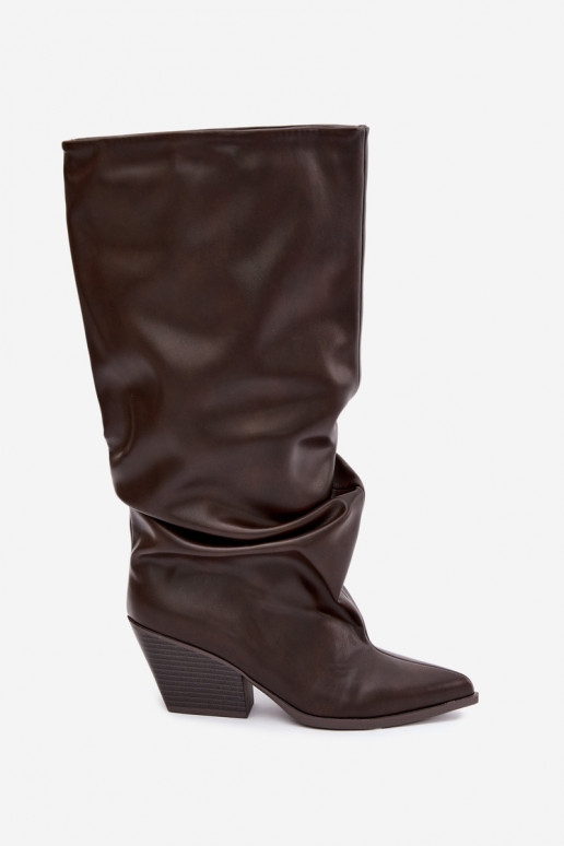 Schokoladenfarbene Slipper-Stiefel mit Absatz und spitzem Zehenbereich aus Kunstleder Blenia