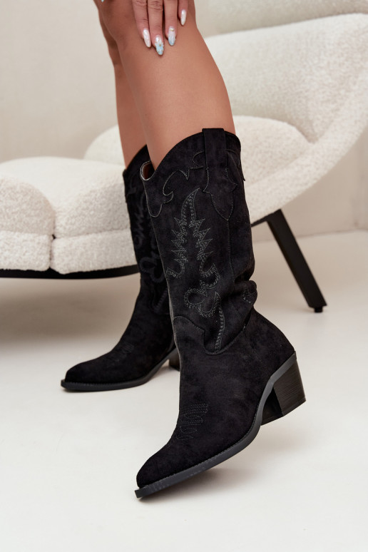Schwarze Kunstveloursleder Stiefel im Cowboy-Stil mit Absätzen Jarissa